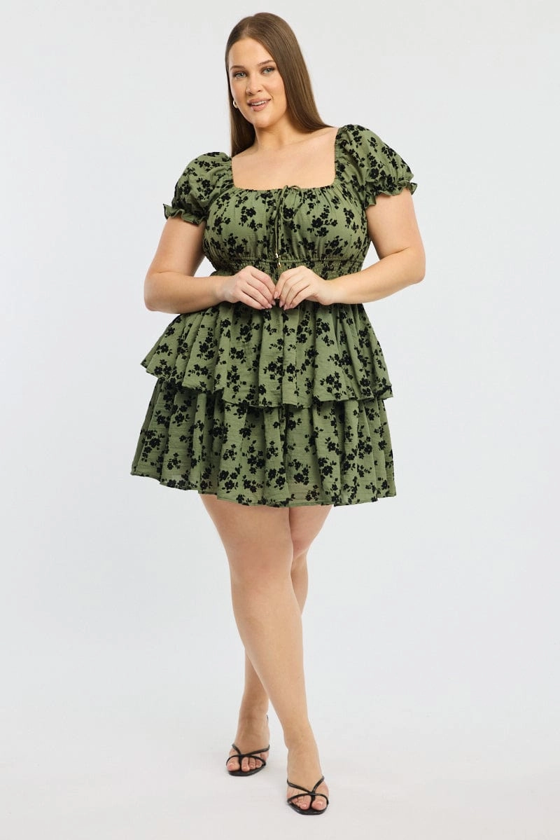 Green Ditsy Puff Sleeve Shirred Waist Minidress Sophisticated Line