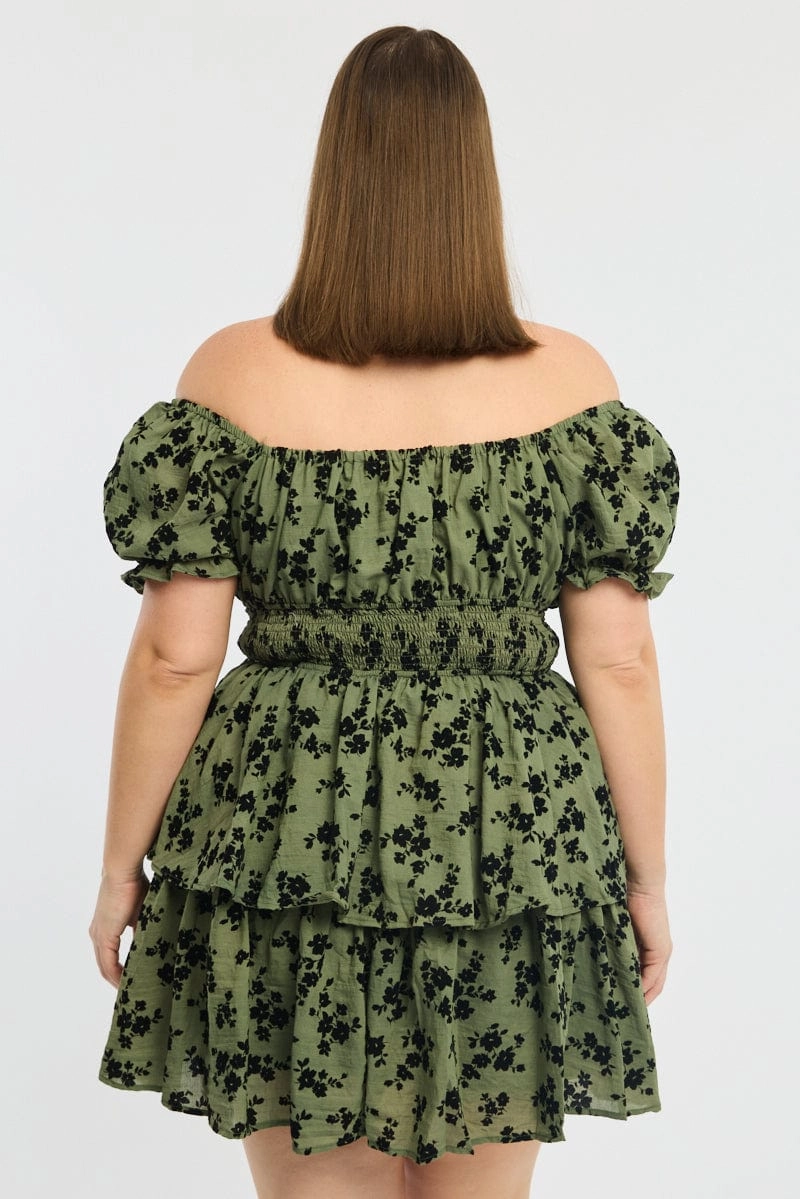 Day Fit Layered Wear Green Ditsy Puff Sleeve Shirred Waist Minidress