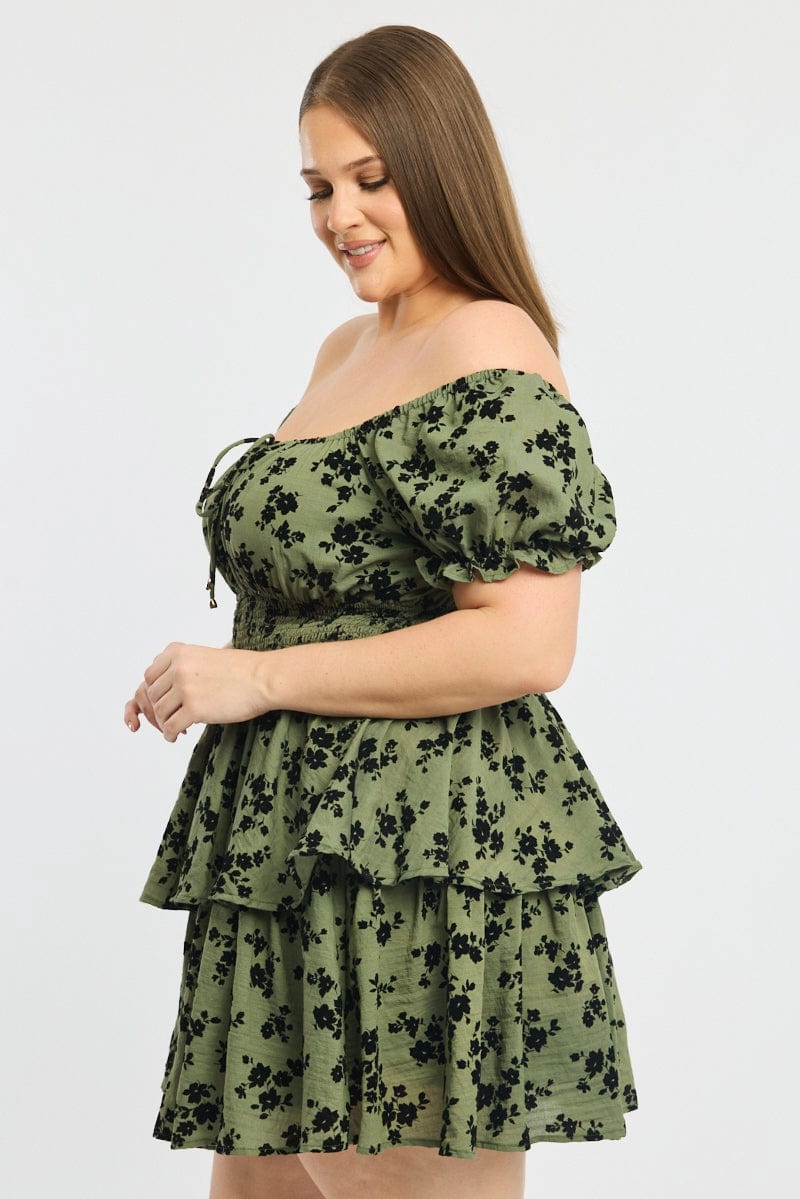 Mesh-Detail Applique-Detail Green Ditsy Puff Sleeve Shirred Waist Minidress