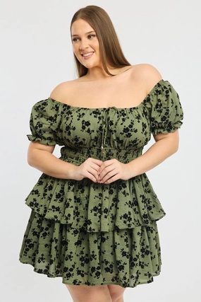 Family Glow Polished Fit Green Ditsy Puff Sleeve Shirred Waist Minidress