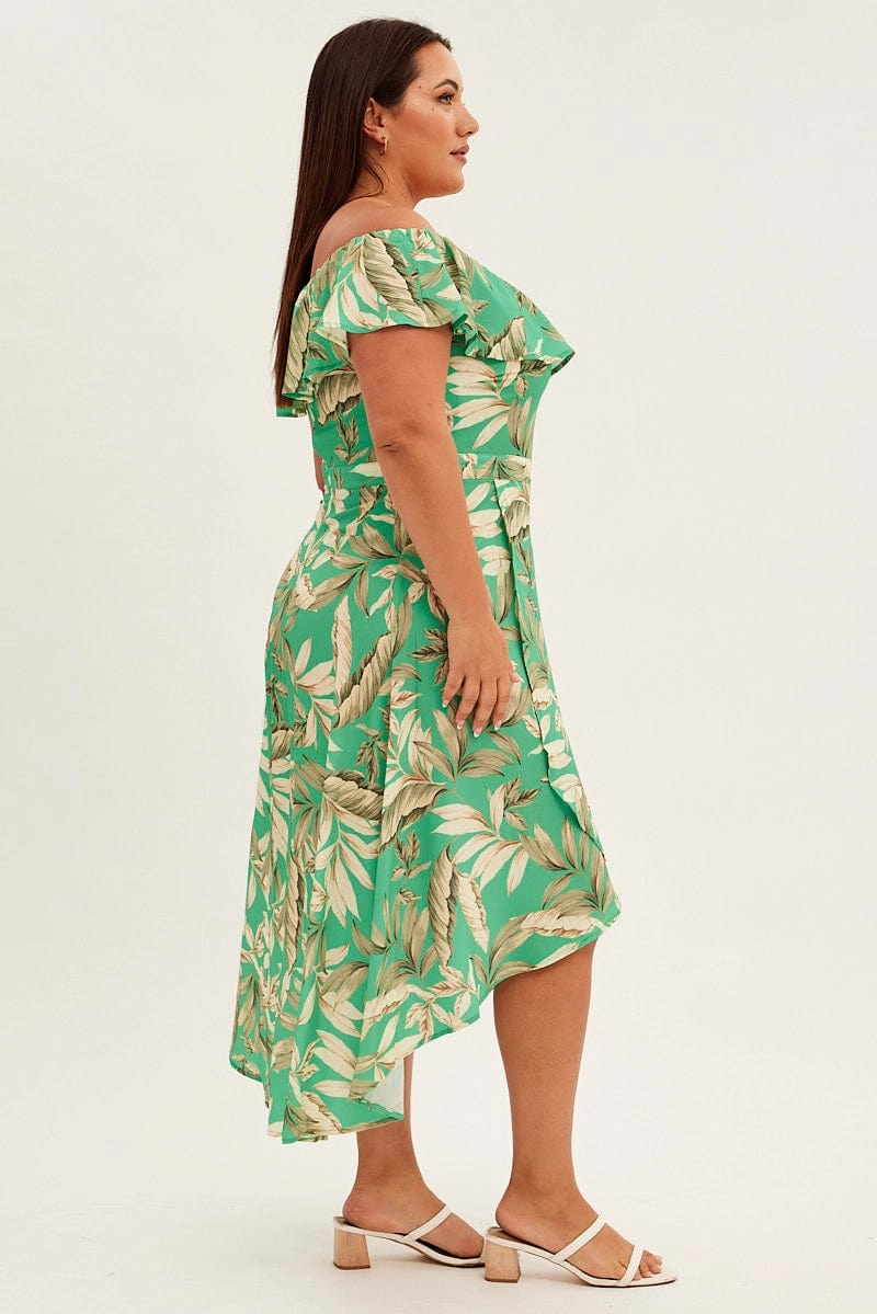 Light Motion High-Neck Green Floral Maxi Dress Off Shoulder Crepe