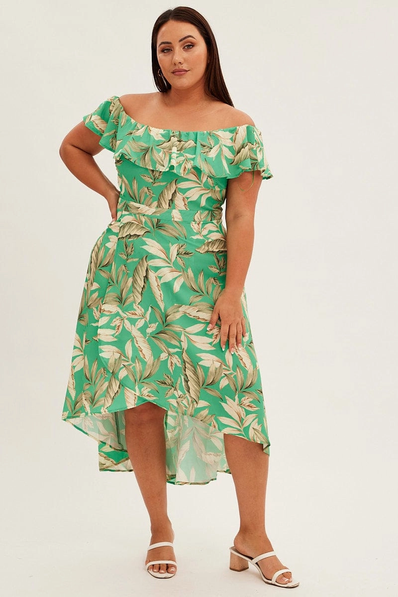 Sleek Feel Green Floral Maxi Dress Off Shoulder Crepe
