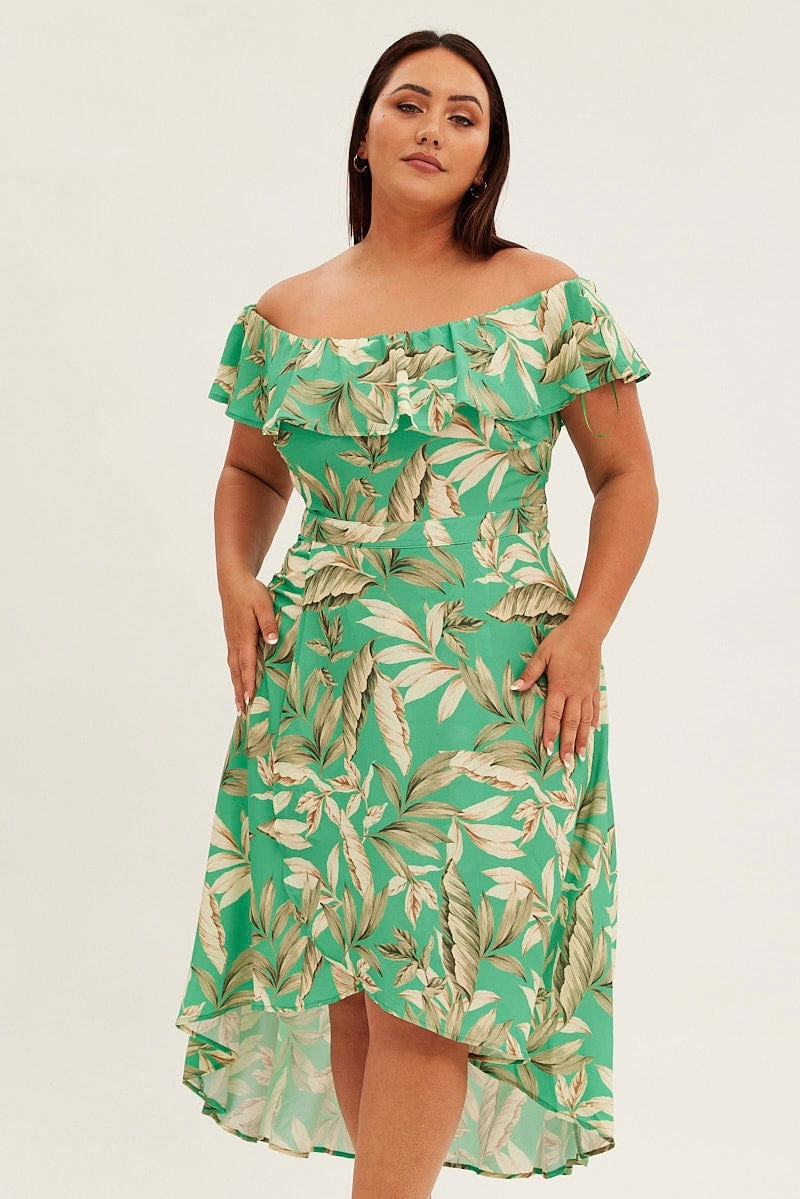 All Moments Vacation Vibes Green Floral Maxi Dress Off Shoulder Crepe