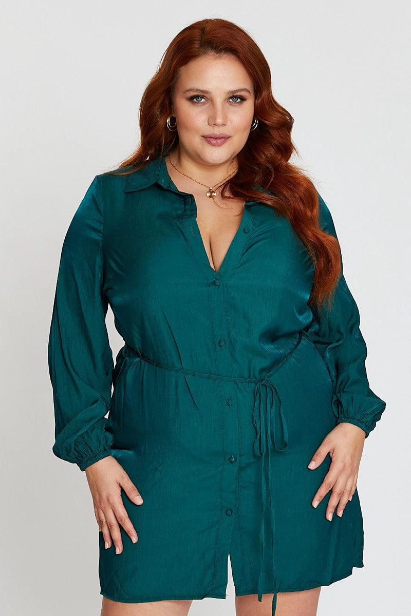 Casual Lines Green Long Sleeve Tie Waist Shirtdress