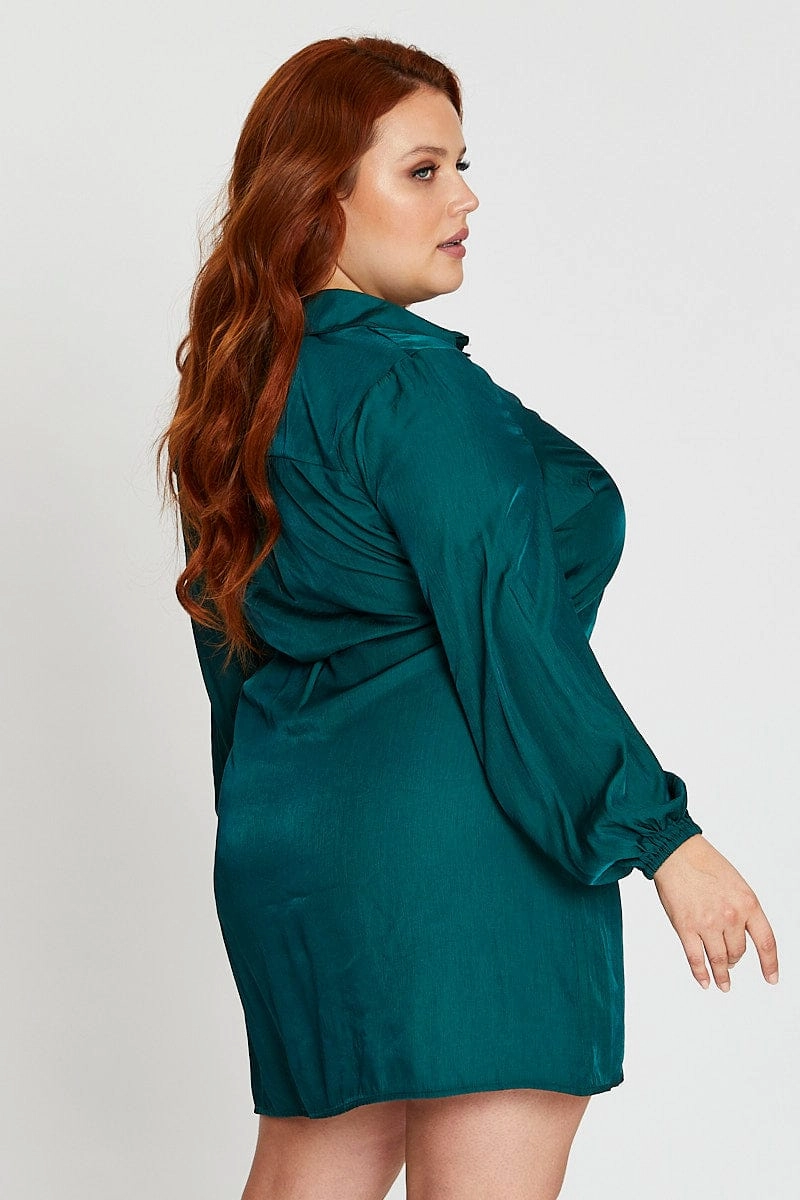 Travel-Essential SmoothEdgeFinish Green Long Sleeve Tie Waist Shirtdress