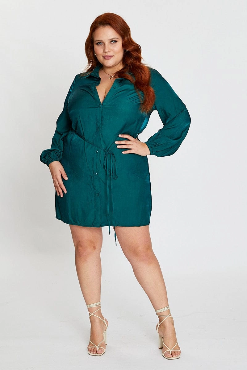 Luxe Appeal Green Long Sleeve Tie Waist Shirtdress