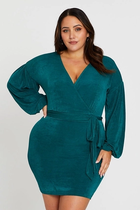Green Mini Bodycon Dress V-neck Long Sleeve Jersey Satin Fabric Euro Ease
