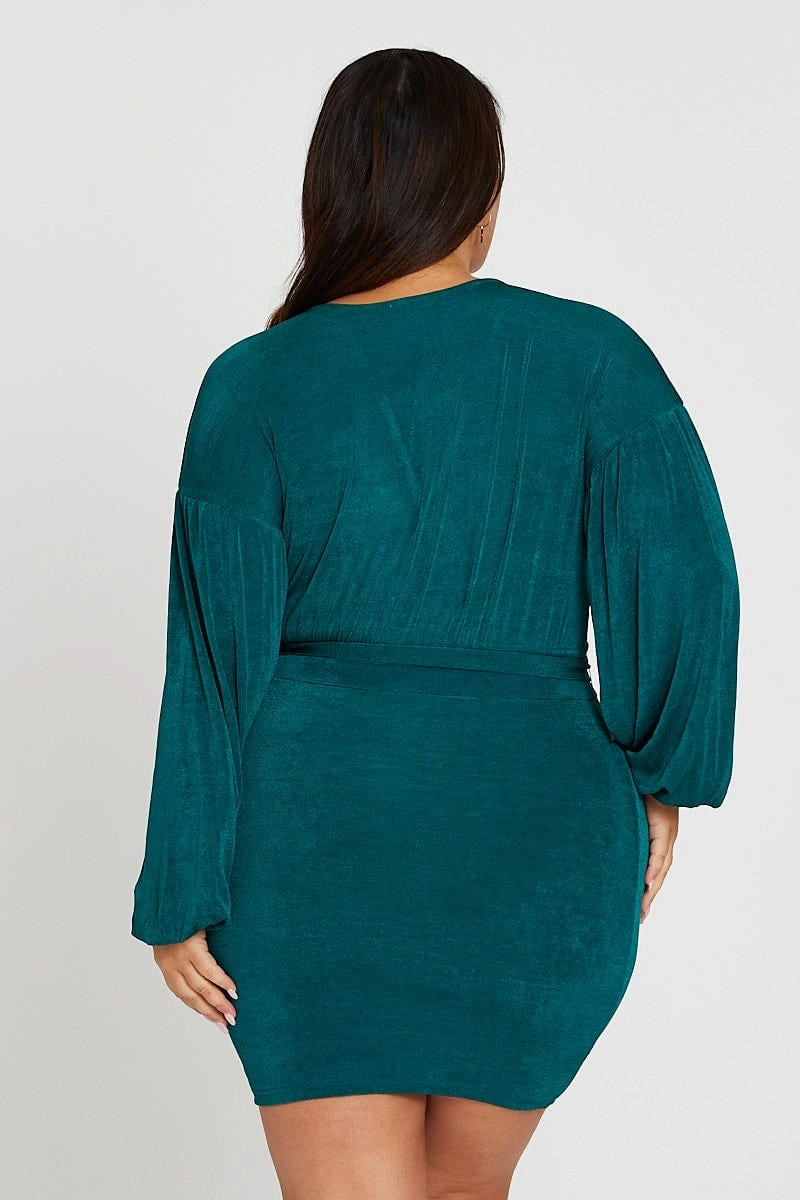 Summer Ready Green Mini Bodycon Dress V-neck Long Sleeve Jersey