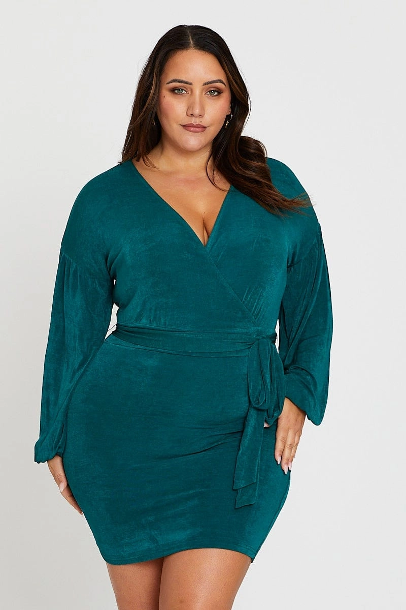 Green Mini Bodycon Dress V-neck Long Sleeve Jersey Low-Waist