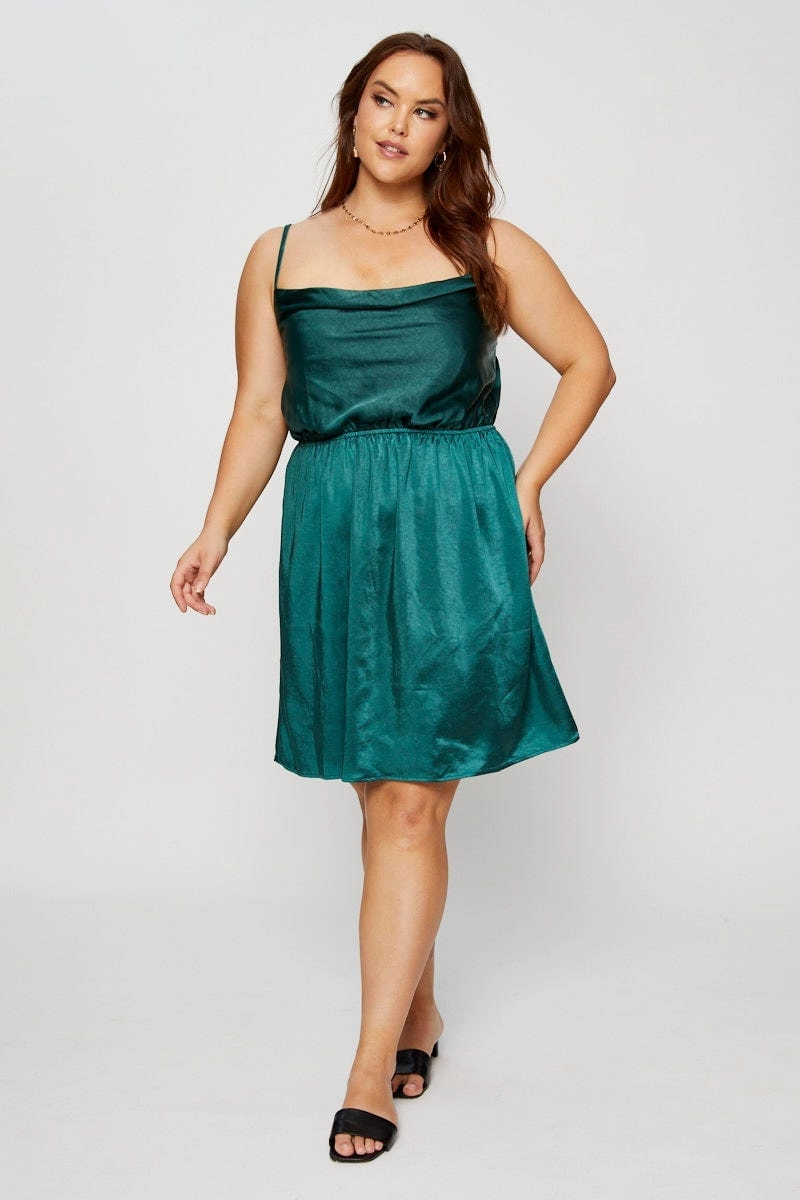 Green Mini Satin Dress Cowl Neck Sleeveless Elastic Fit Happy Glow
