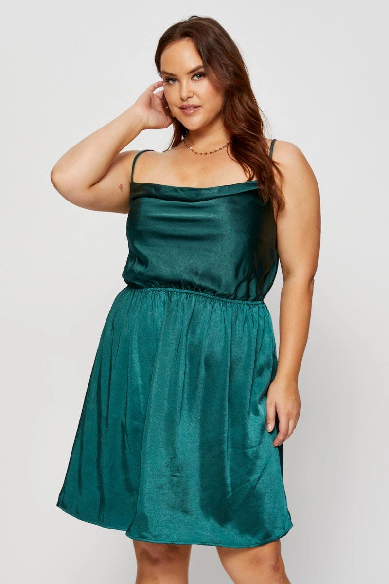 Green Mini Satin Dress Cowl Neck Sleeveless All Gender