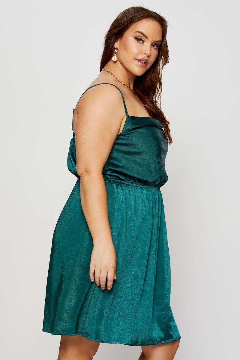 Mixed Fabric Smooth Look Green Mini Satin Dress Cowl Neck Sleeveless