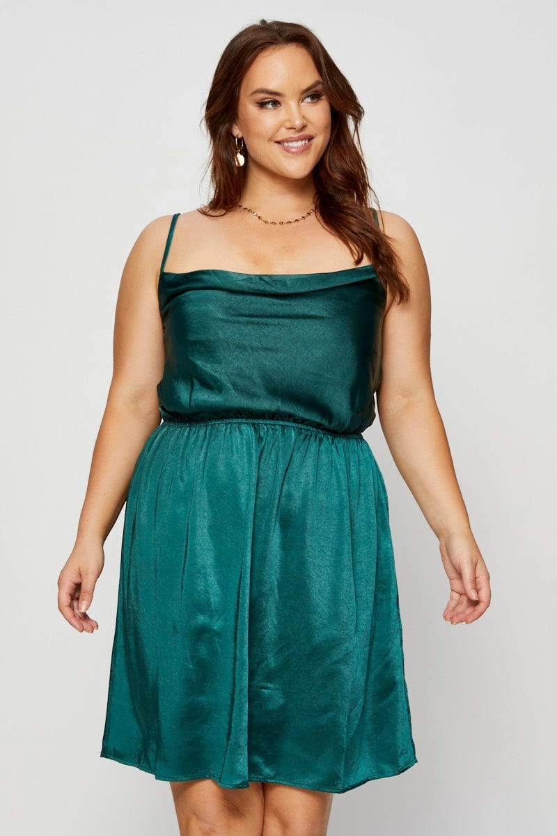 Grace Walk Green Mini Satin Dress Cowl Neck Sleeveless