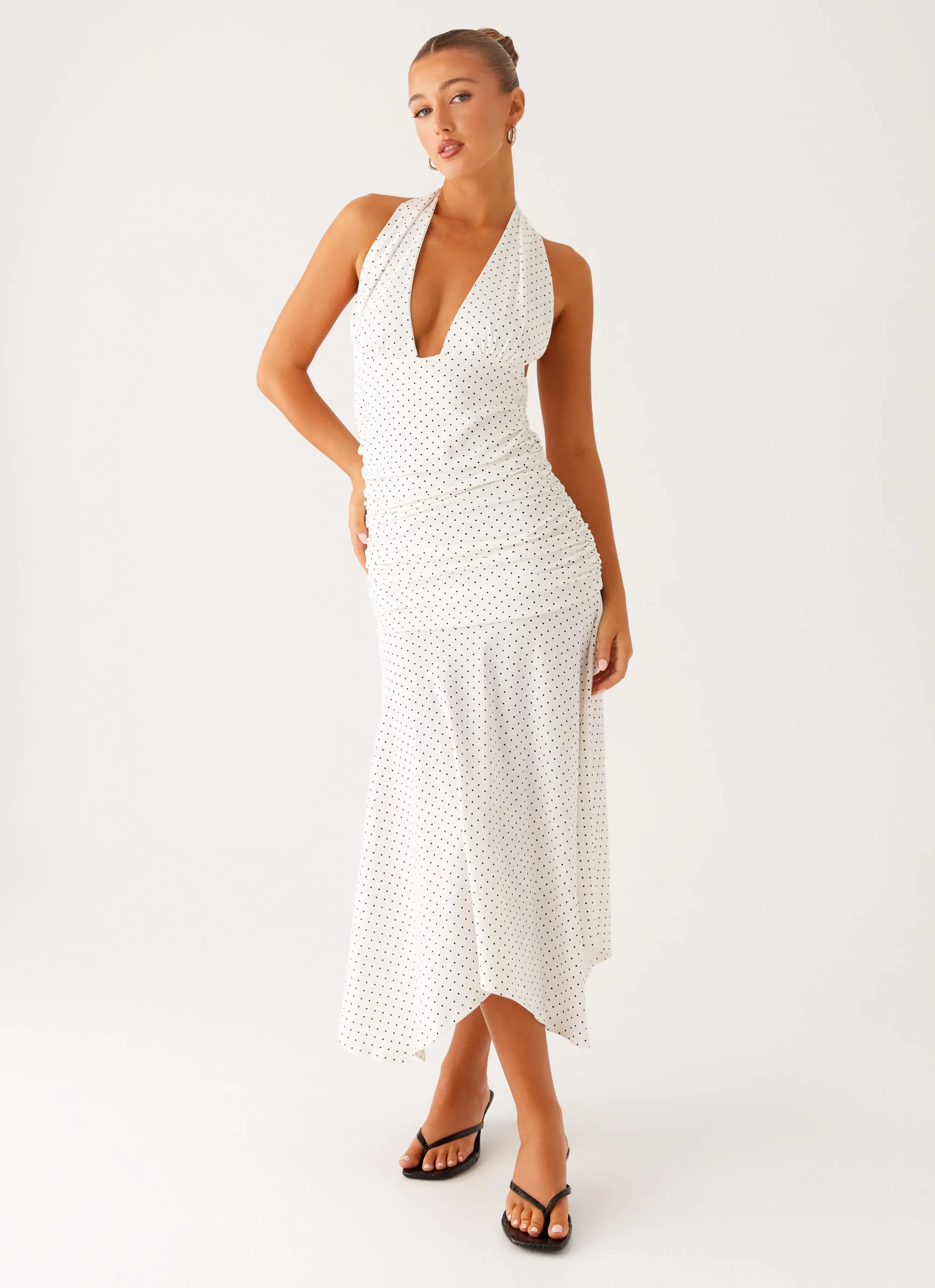 Grettana Halter Neck Midi Dress - White Polka Dot Elegant Mature Soft Design