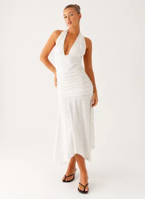 Grettana Halter Neck Midi Dress - White Polka Dot Elegant Mature Soft Design