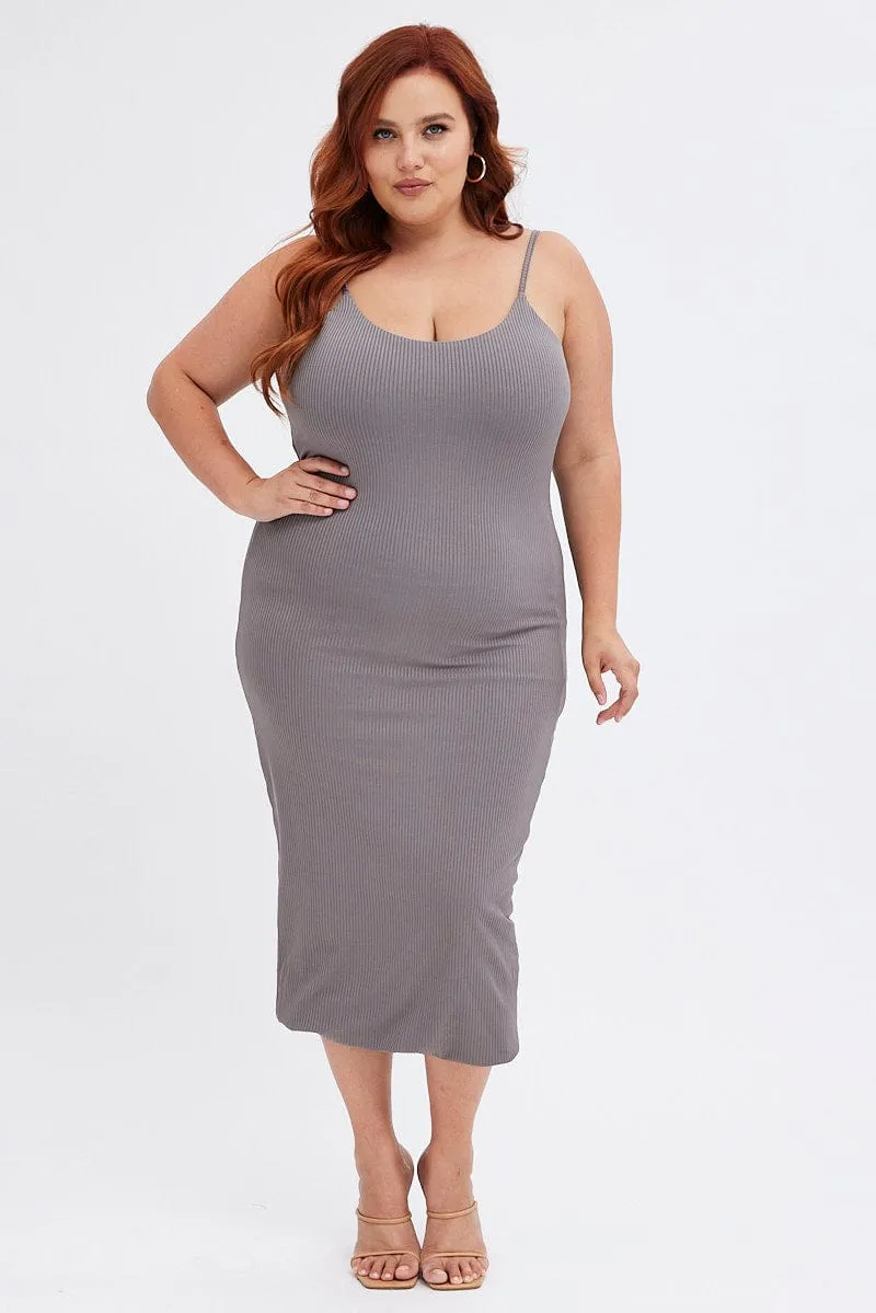 Grey Rib Jersey Midi Dress Tie Waist countryside