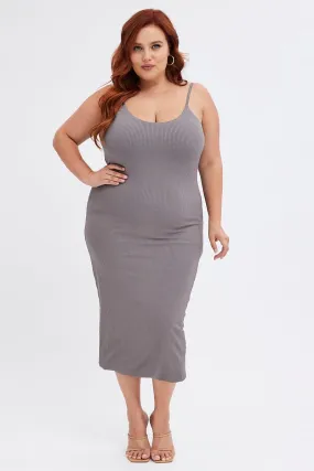 Grey Rib Jersey Midi Dress Tie Waist countryside