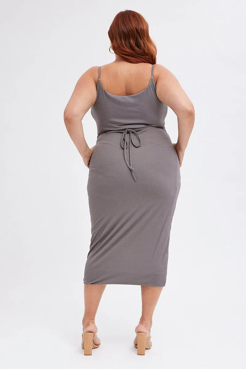 Chic Layered Wear Grey Rib Jersey Midi Dress Tie Waist