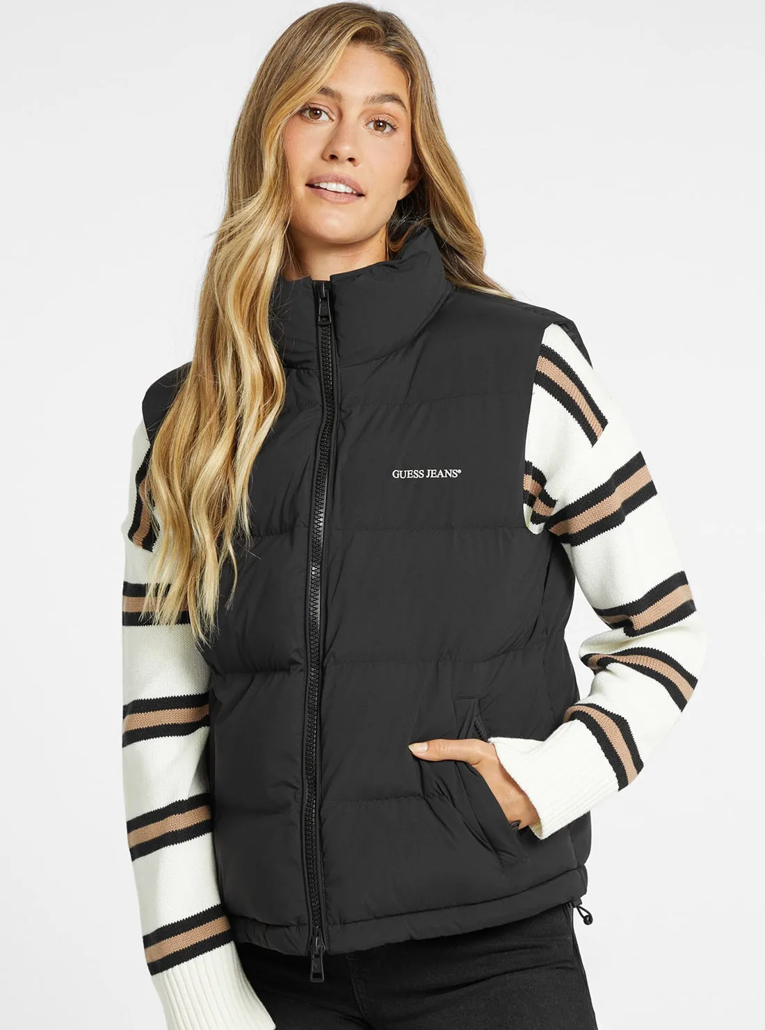 Guess Jeans Black Puffer Vest Reinforced Elbow Padding TapedSeamConstruction