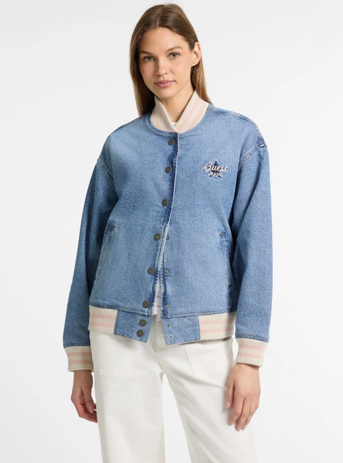 Guess Jeans Eco Blue Denim Varsity Jacket ThermalReflective