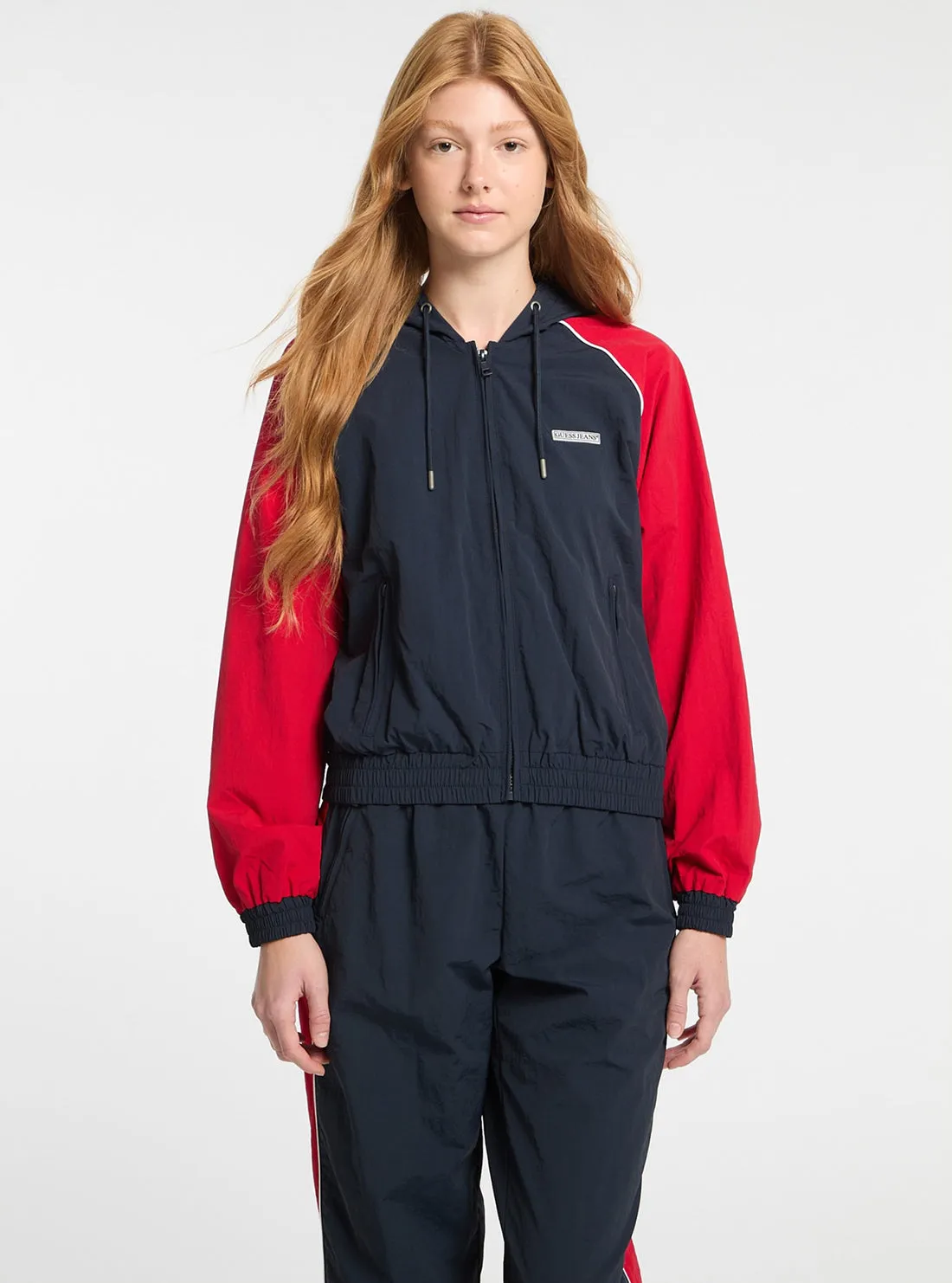 Guess Jeans Navy Red Windbreaker Jacket Soft Fleece Interior