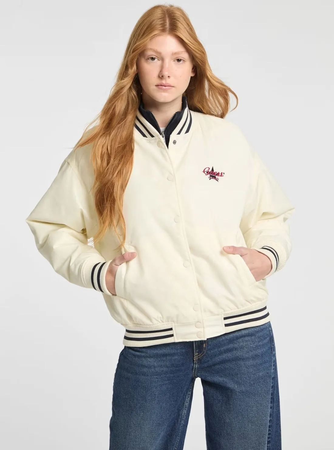 Erasable Stains Treatment Smooth Flat Collar Guess Jeans White Embroidered Varsity Bomber Jacket