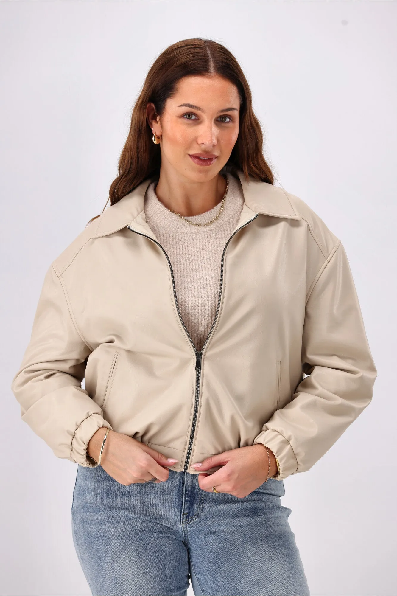 Shine On Label Aidia Pleather Jacket Taupe Layered Wind Barrier