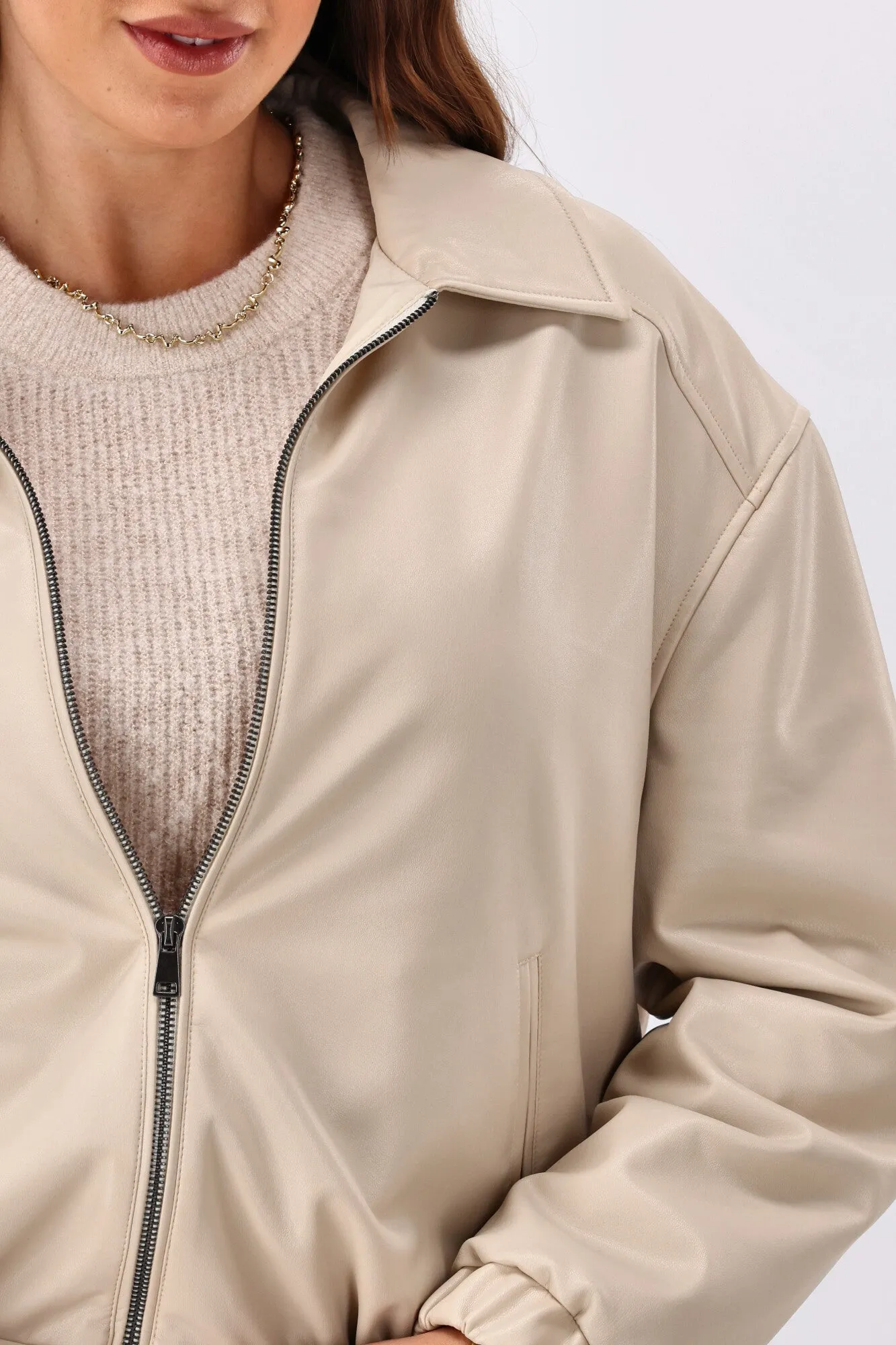 Shine On Label Aidia Pleather Jacket Taupe Hidden Pocket System