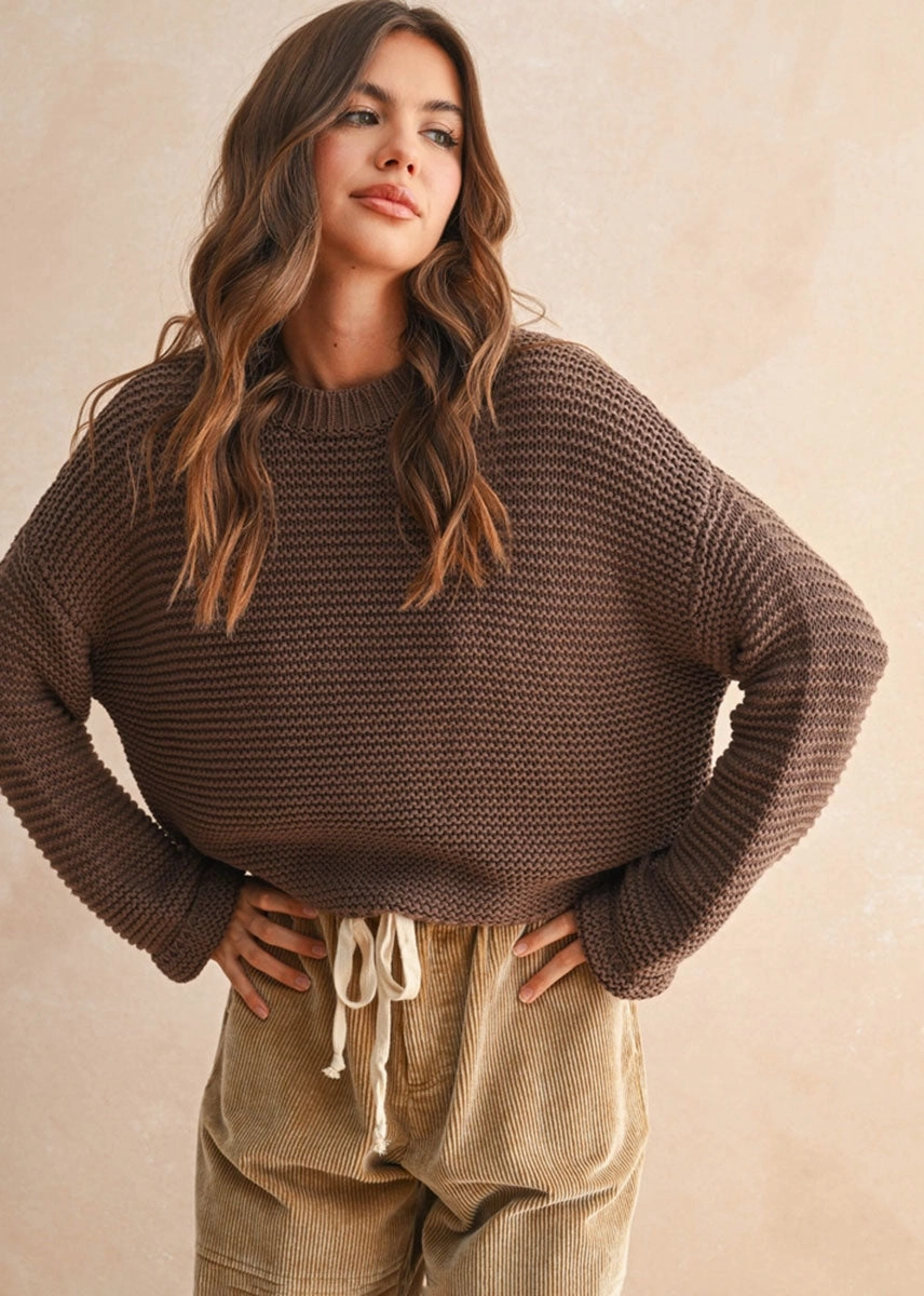 Breathable Stretch Snuggle Layers Hattie Round Neck Sweater - Chocolate