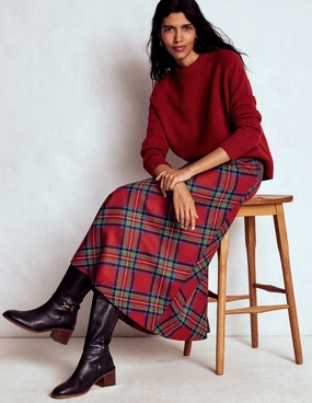 Weighted Hem Hayley Wool Midi Skirt-Red, Blue and Green Check