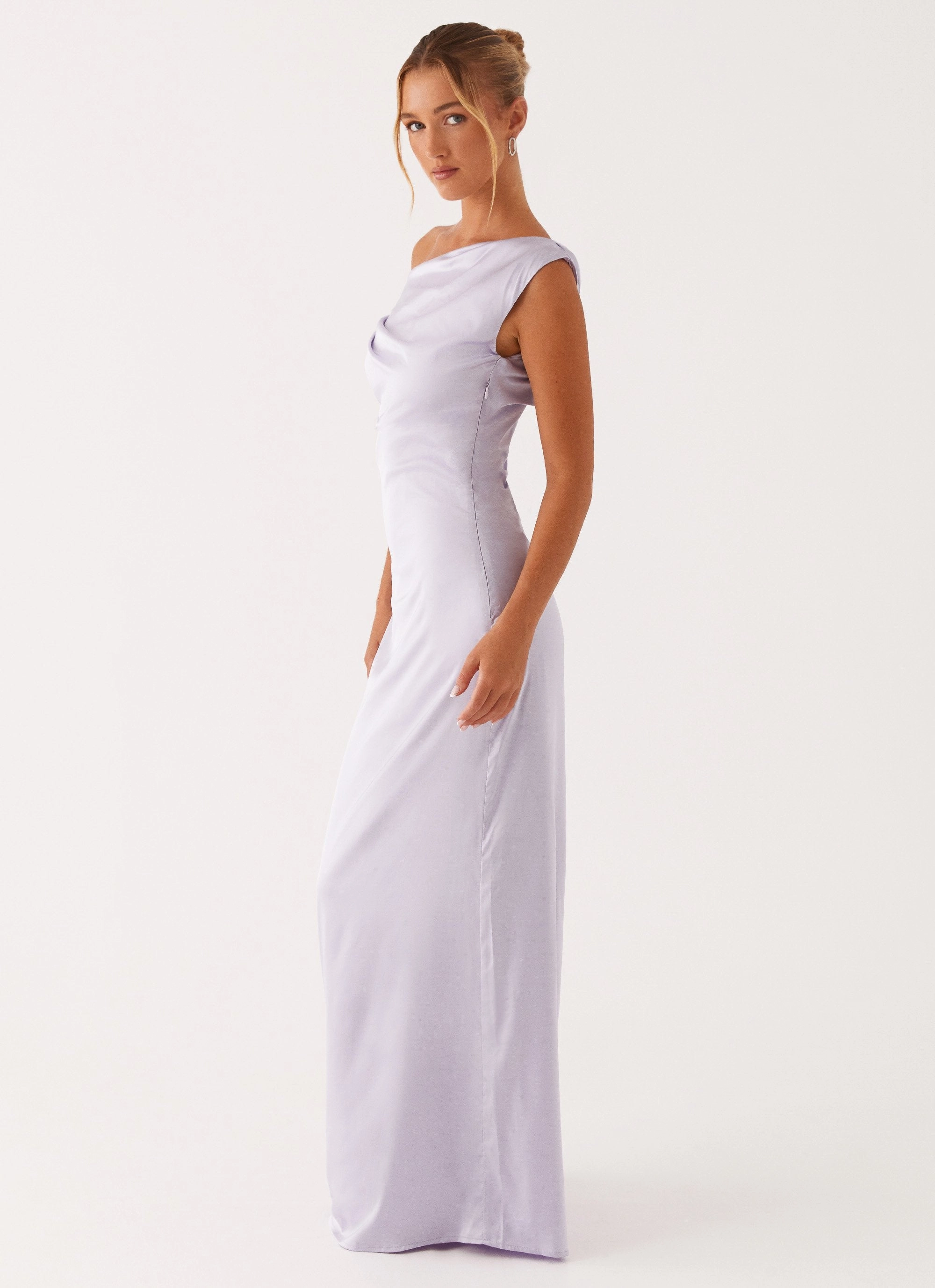 Draped Fabric Classic Layering Heart Of Glass Satin Maxi Dress - Lilac