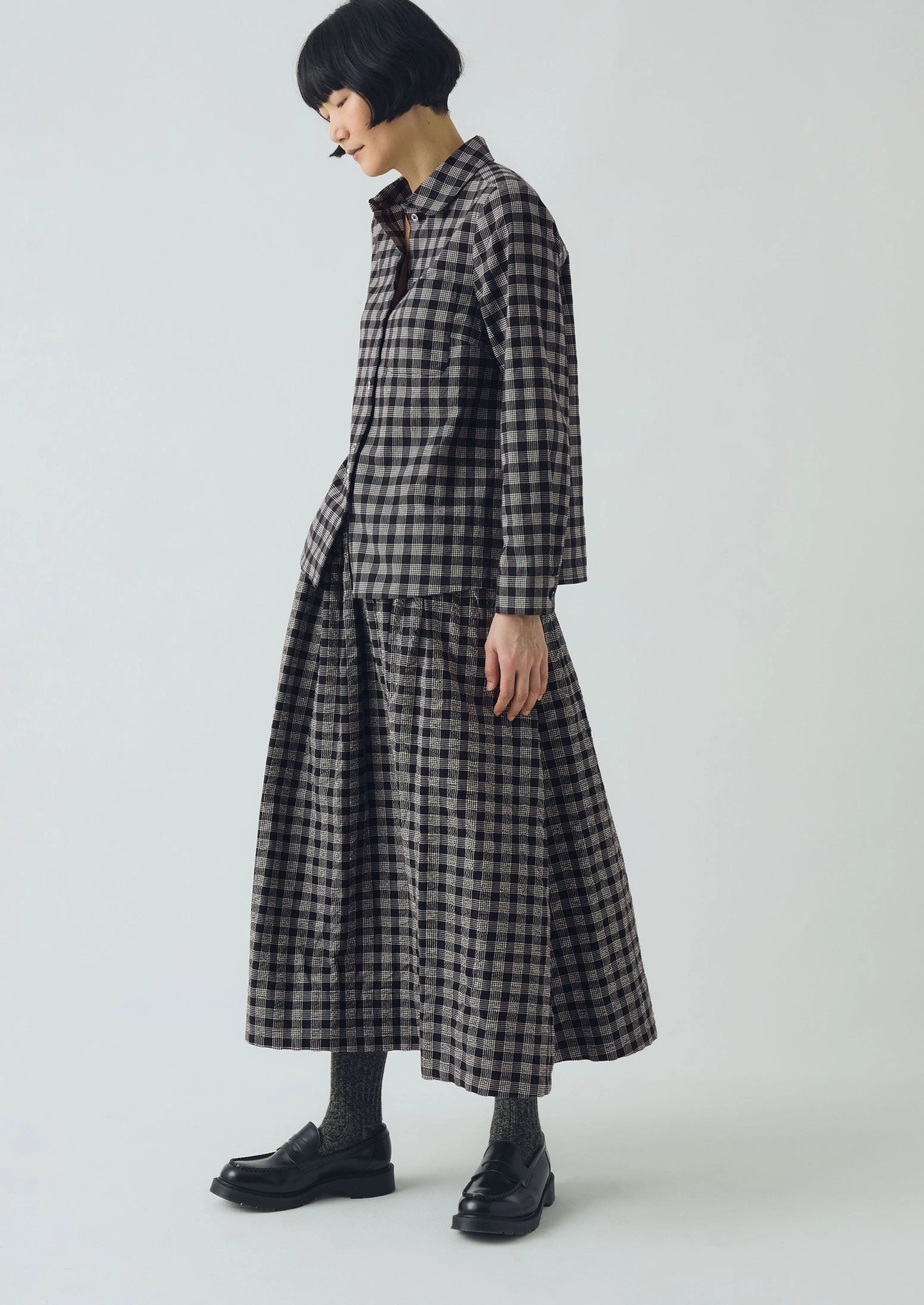 Iconic look Double Stitched Seams Ollie Binding Check Cotton Wool Seersucker Shirt | Black/Ecru