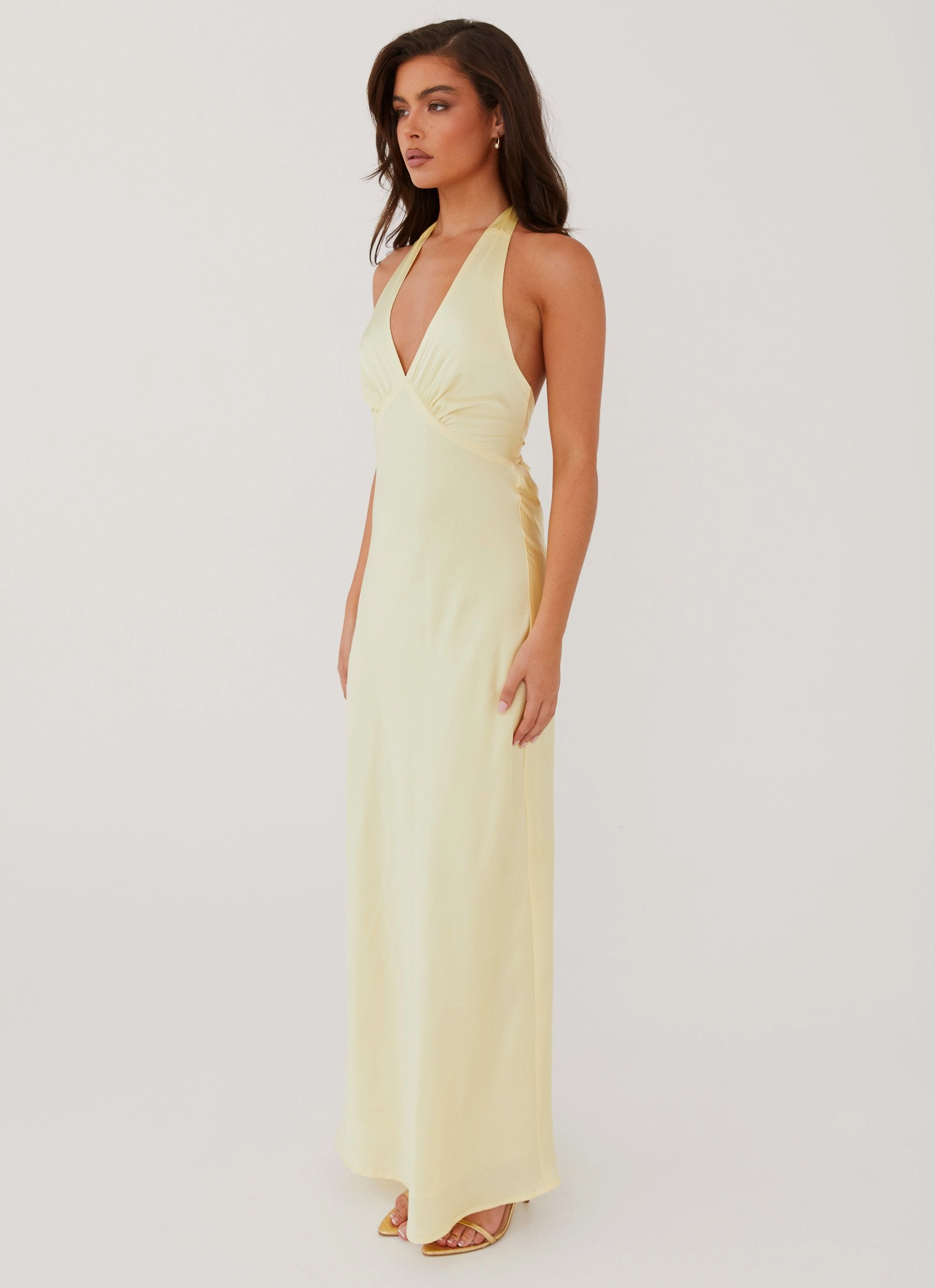 Unique Cut Heavy Hearted Satin Maxi Dress - Lemon