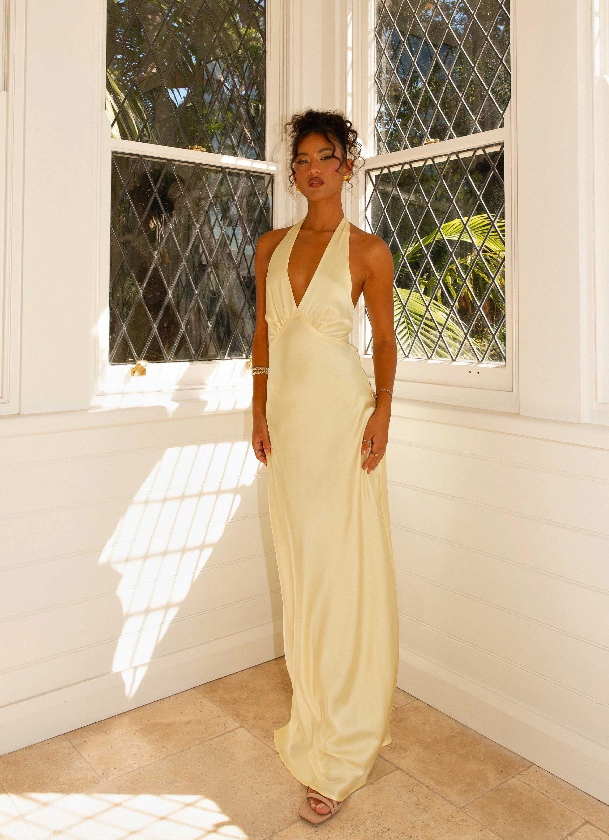 Effortless Vibe Texture Softness Heavy Hearted Satin Maxi Dress - Lemon