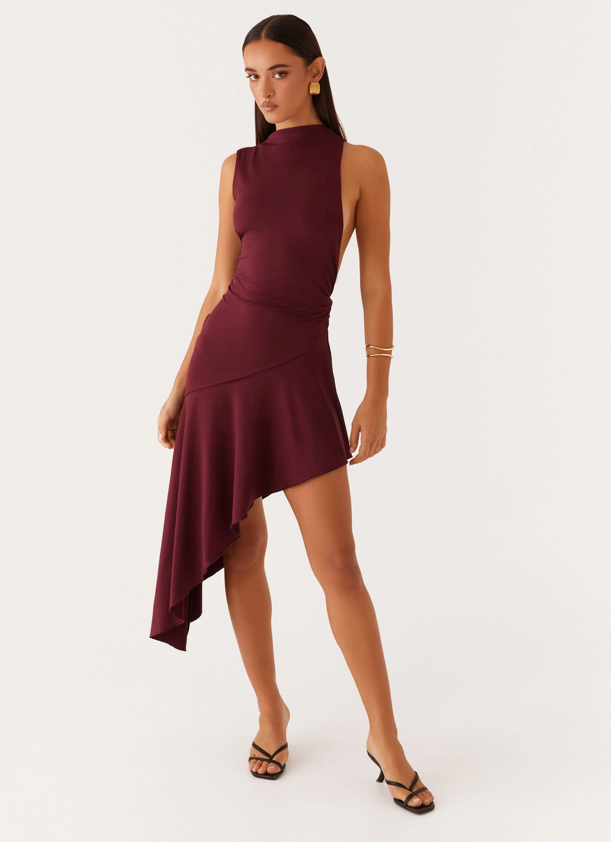 Polite Vibe Vibrant Colors Venetia Asymmetric Maxi Dress - Deep Maroon