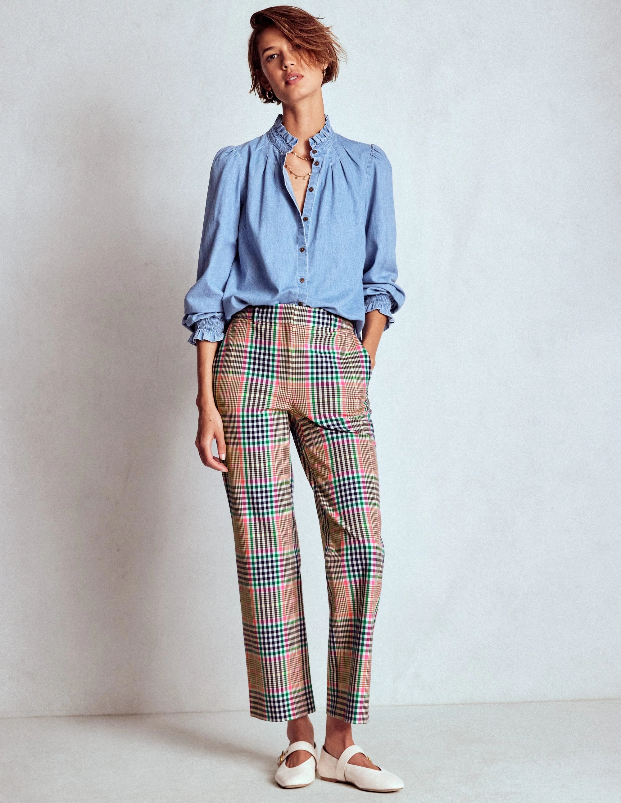 Canonbury Tailored Trousers-Brown,Rose Pink and Navy Check Plaid detail Urban appeal