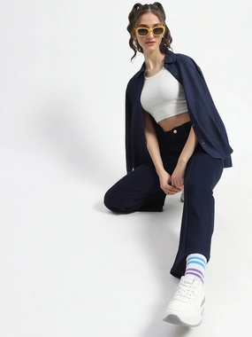 Timeless Wear fade resistant color Madame Cotton Blend Single Pleat Wide Leg Dark Blue Denim Jeans