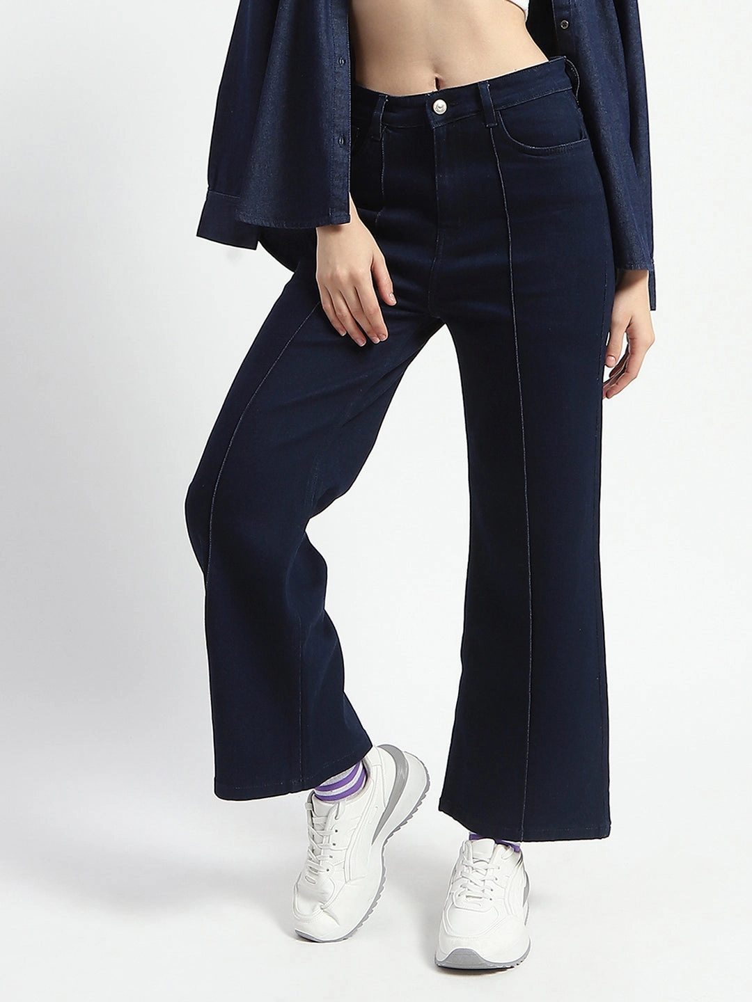 Urban Look Madame Cotton Blend Single Pleat Wide Leg Dark Blue Denim Jeans