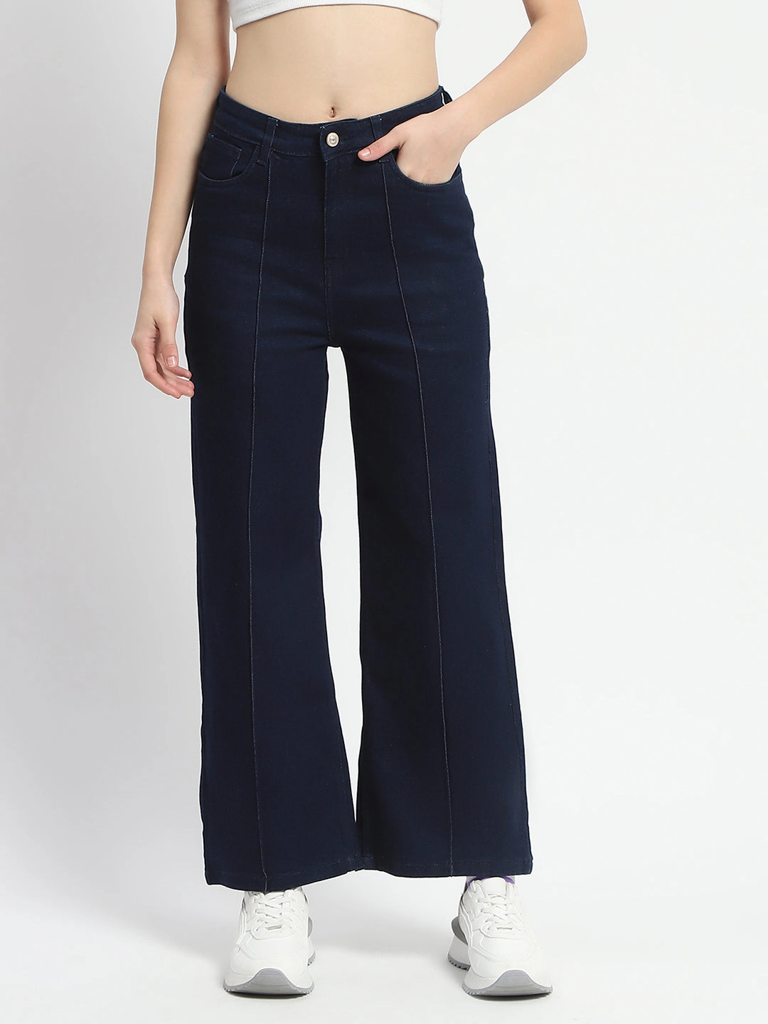 Madame Cotton Blend Single Pleat Wide Leg Dark Blue Denim Jeans Fit For Every Day