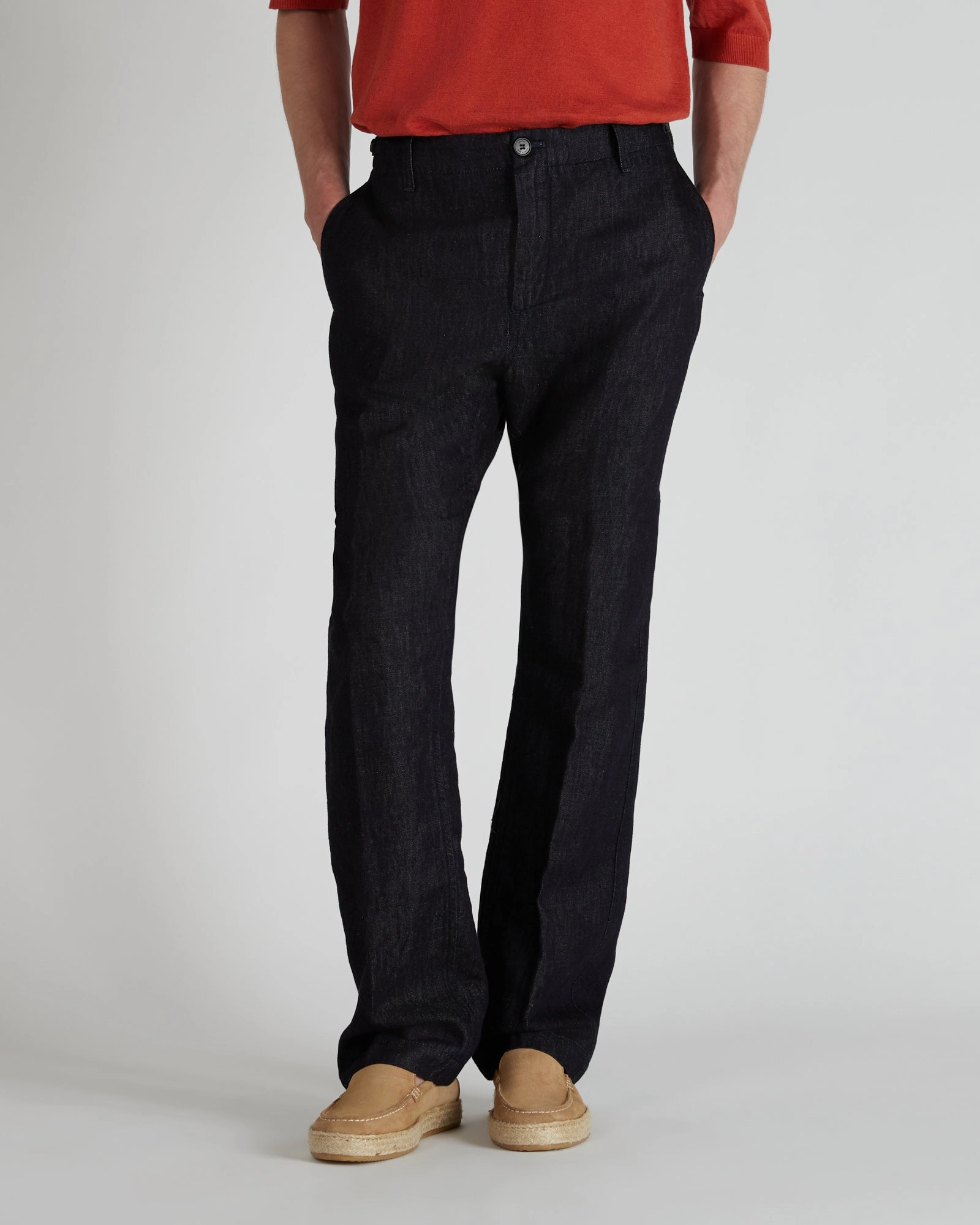 Regular-fit cotton and linen denim trouser Multi Pocket Design BreathableLining