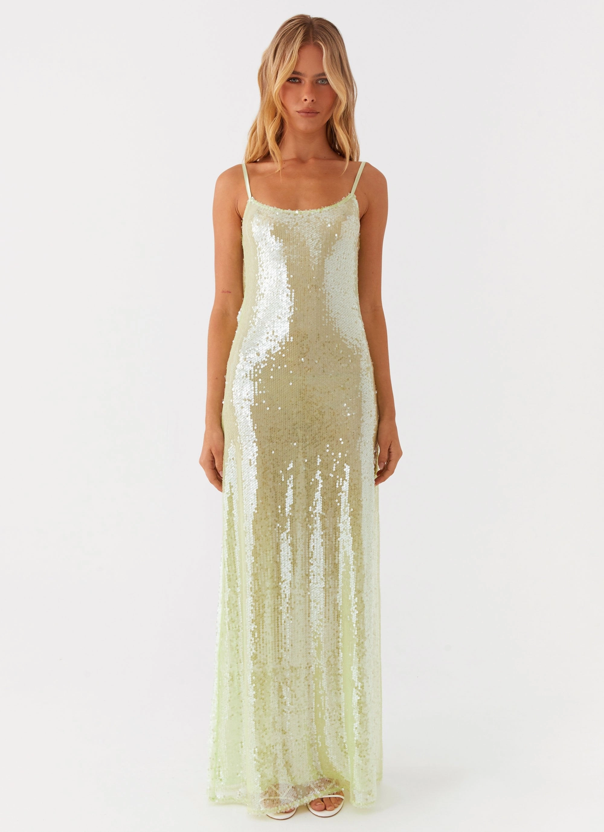 Clean Aesthetic Layered Wear Higher Level Sequin Maxi Dress - Mint