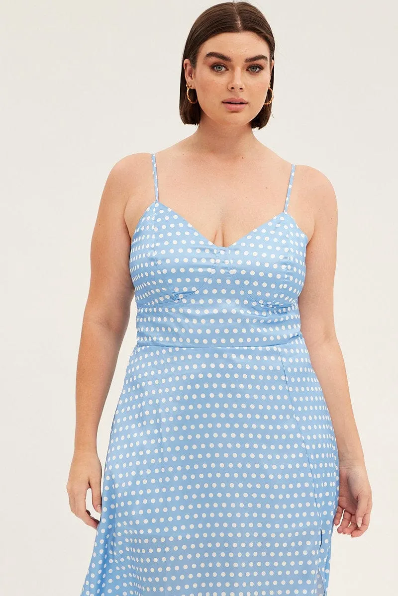 Blue Polka Dot Midi Dress Strappy Front Split Satin Flowy Layers Body Fit