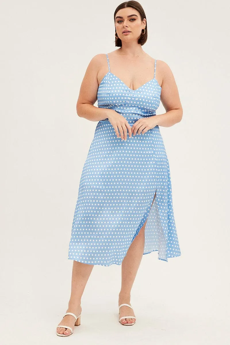 Sleek Waist Design Fit Blue Polka Dot Midi Dress Strappy Front Split Satin