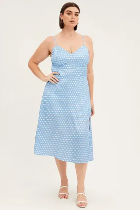Minimal Curve Non-Iron Blue Polka Dot Midi Dress Strappy Front Split Satin