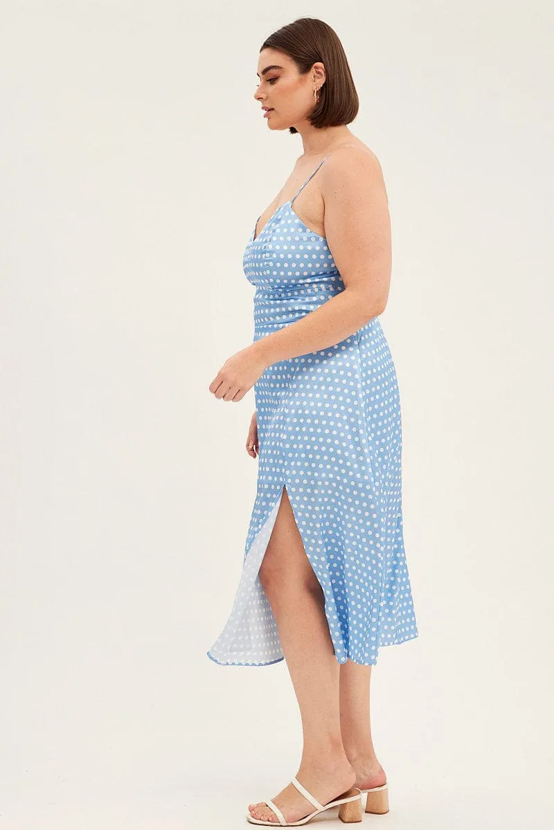 Blue Polka Dot Midi Dress Strappy Front Split Satin Event Favorite Active Moments