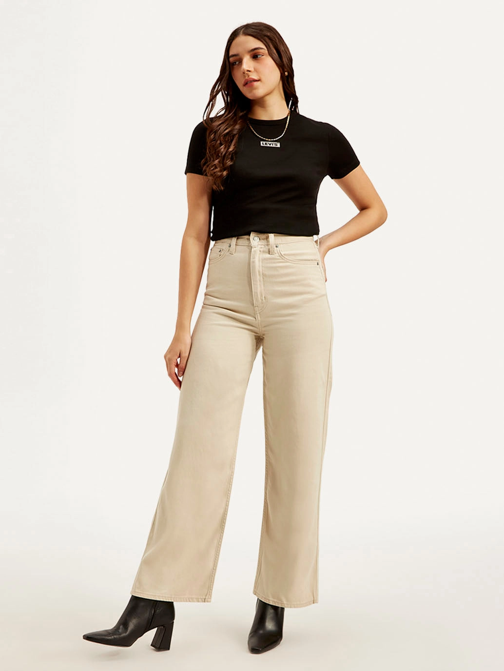 Women's Beige Loose Fit High Rise Jeans Strong Stitch