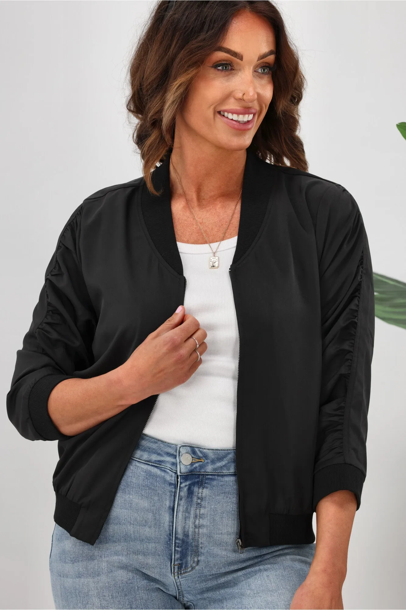 Flexible Shoulder Gussets Shine On Label Silvina Gathered Sleeve Bomber Jacket Black