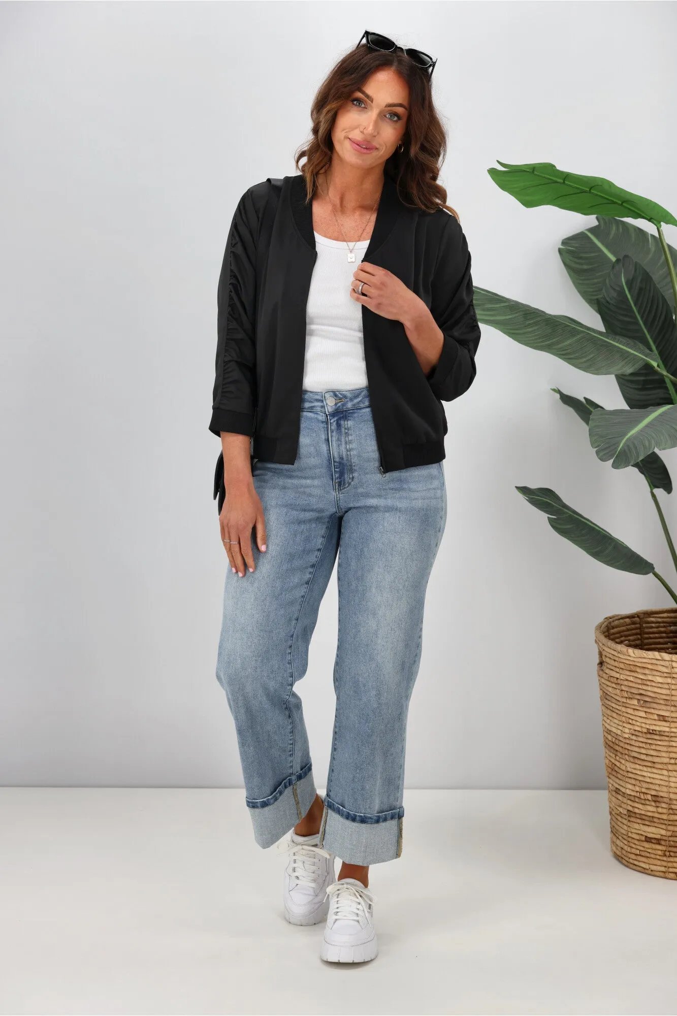 Adjustable Fit Design Shine On Label Silvina Gathered Sleeve Bomber Jacket Black