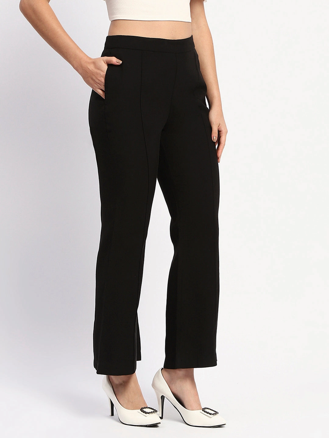 Madame Pleated Solid Black Flared Trousers Everyday Flex