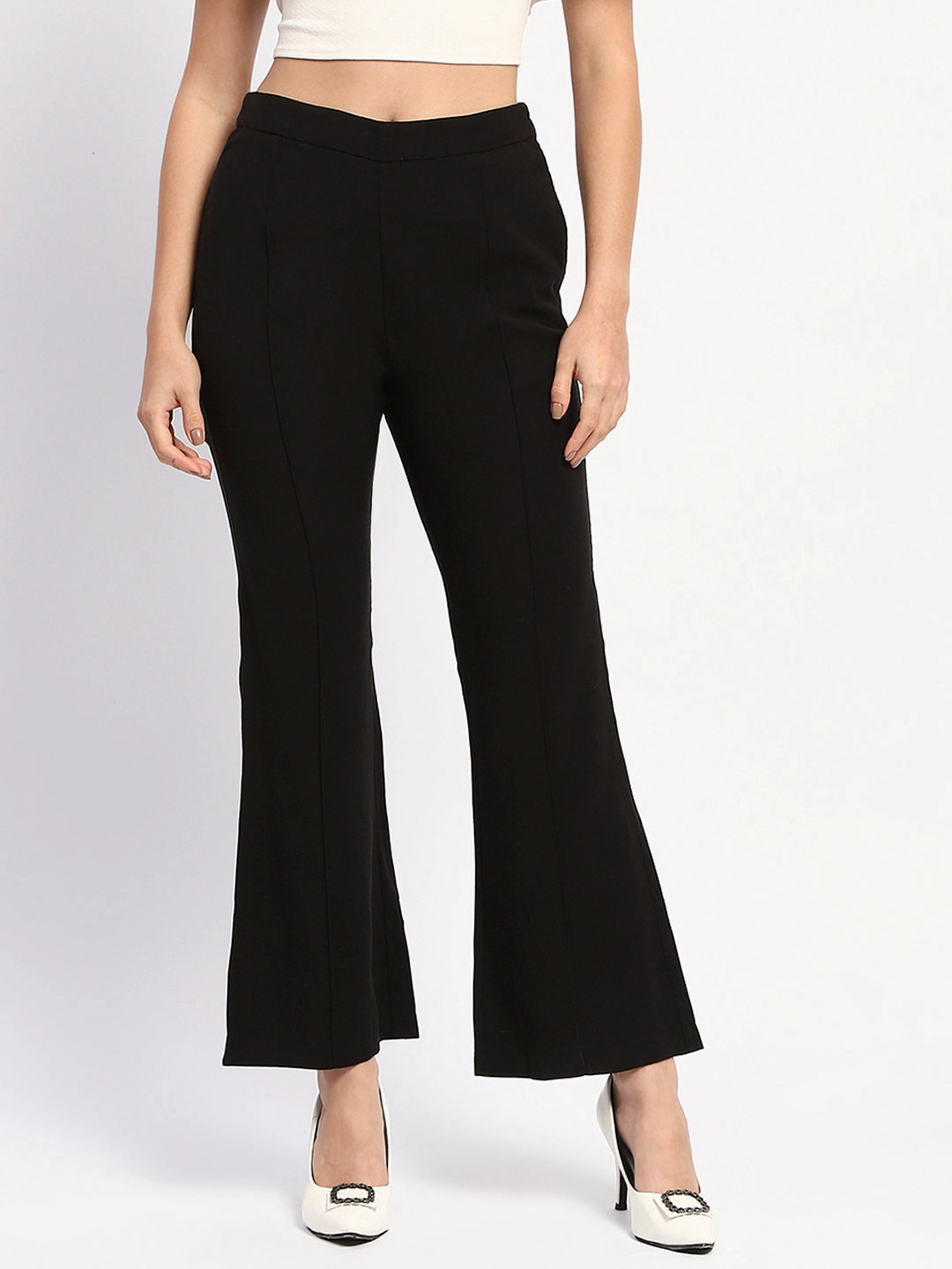 Madame Pleated Solid Black Flared Trousers Quick Flex